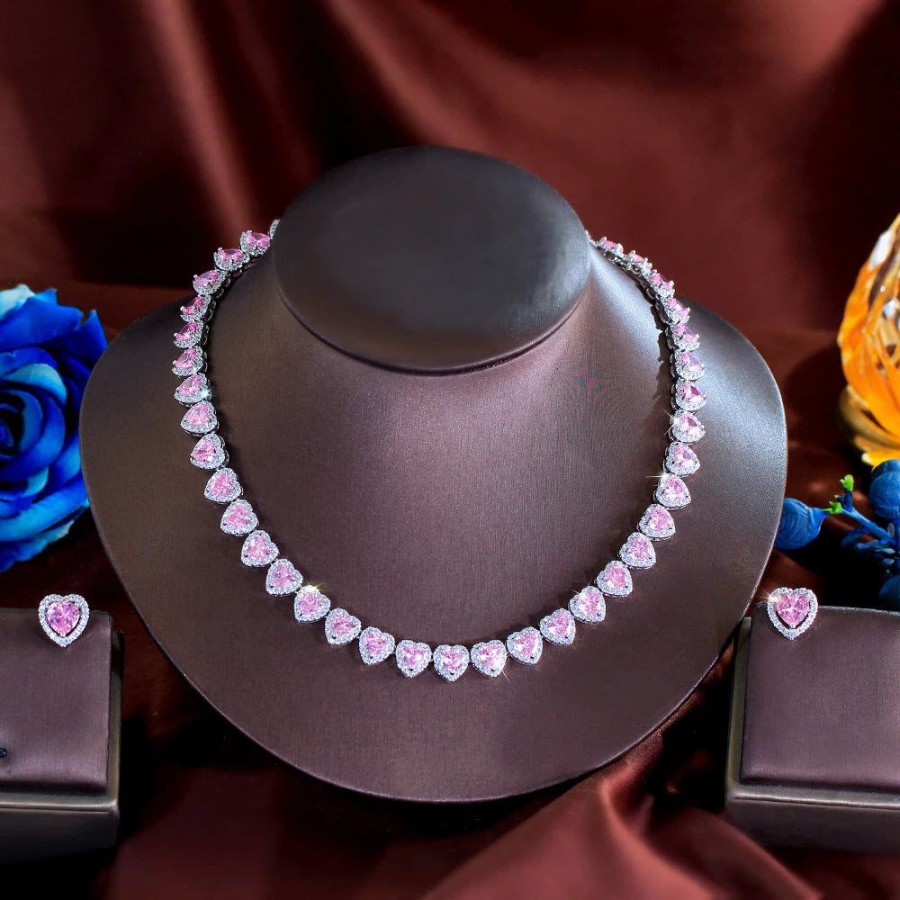 Swyftdesign Pink Iced CZ  Jewellery Set for Women – Silver Plated Ring, Earrings & Heart Necklace