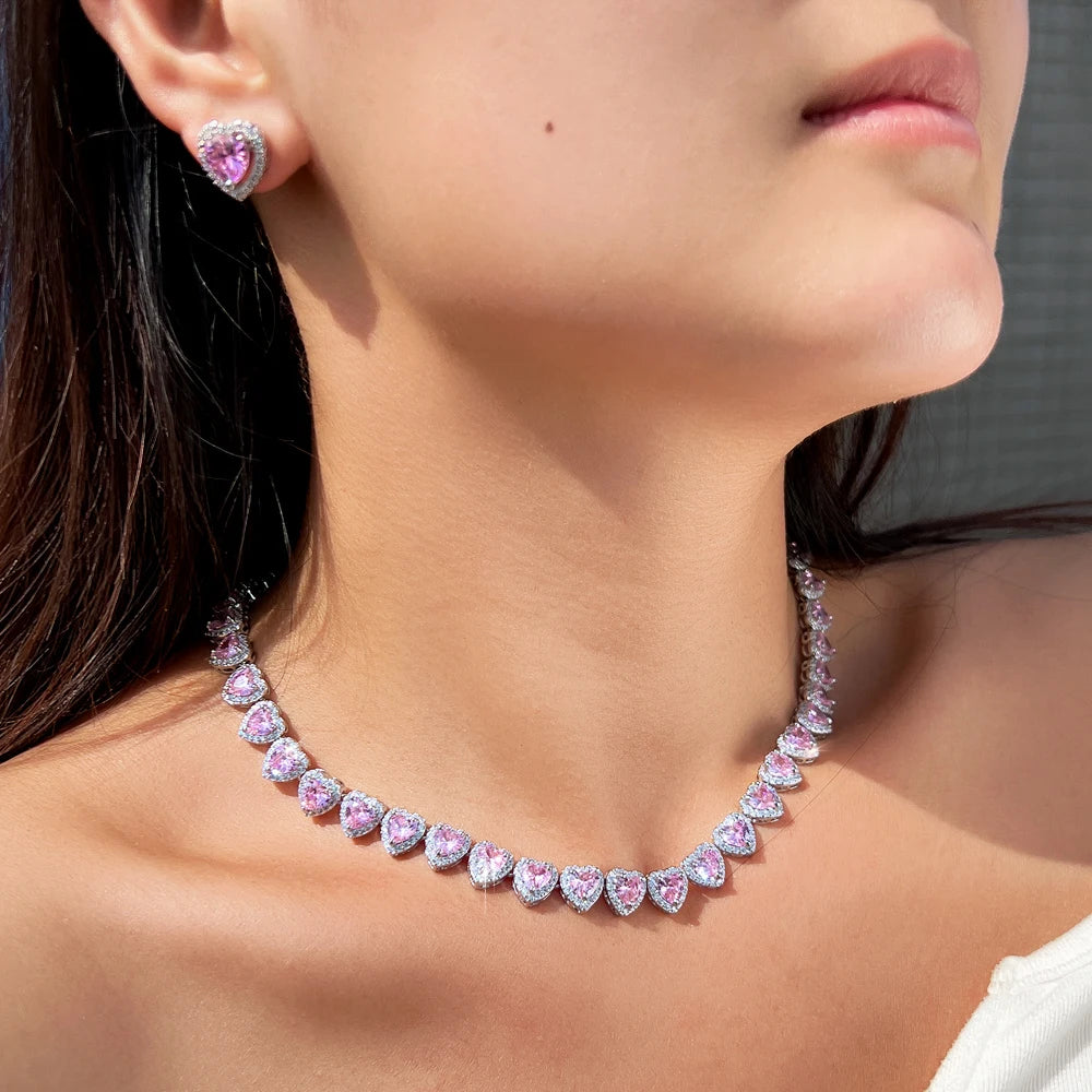 Swyftdesign Pink Iced CZ  Jewellery Set for Women – Silver Plated Ring, Earrings & Heart Necklace