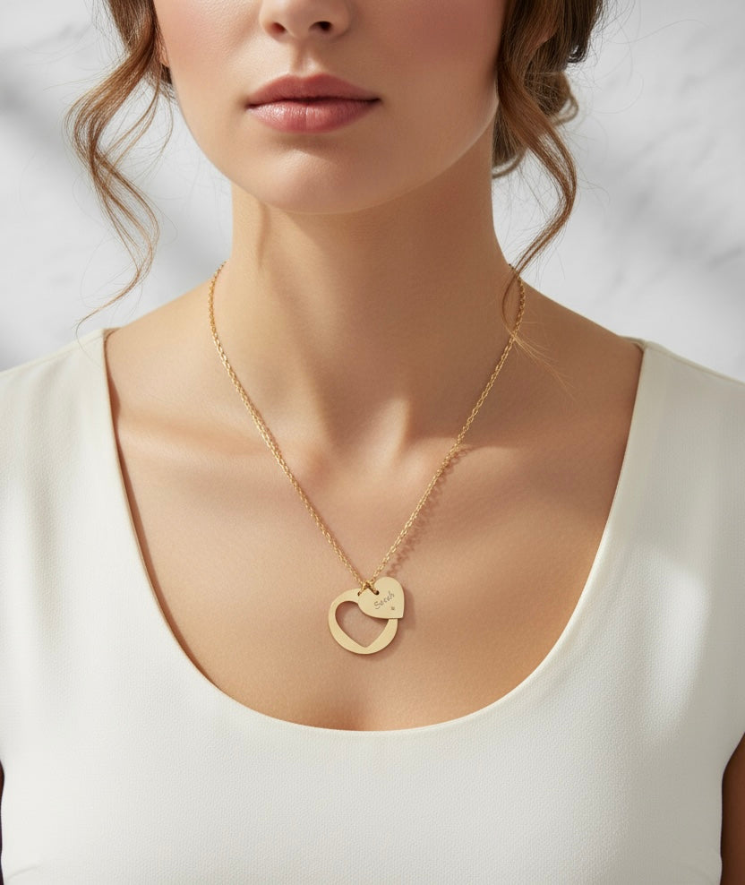 Swyftdesign Personalized Heart Cutout Necklace – Custom Engraved Double Pendant