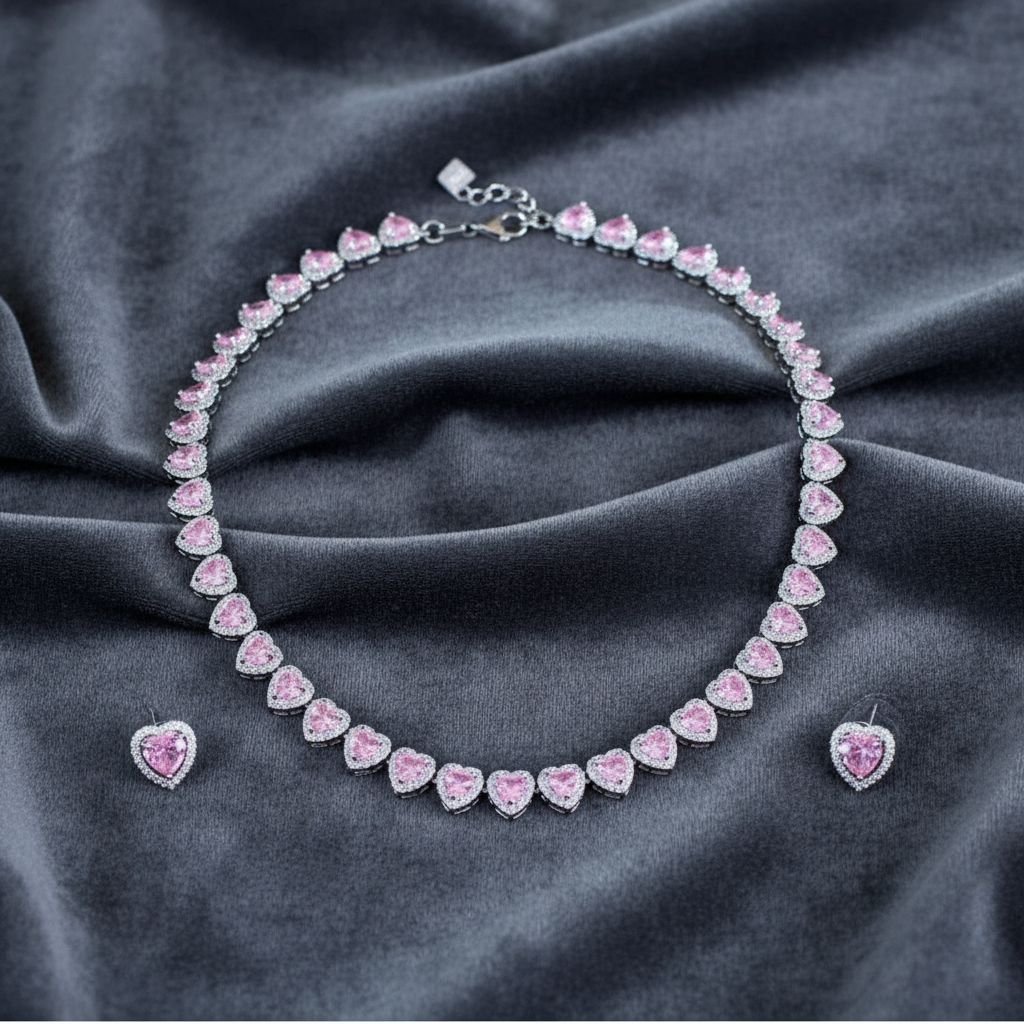Swyftdesign Pink Iced CZ  Jewellery Set for Women – Silver Plated Ring, Earrings & Heart Necklace