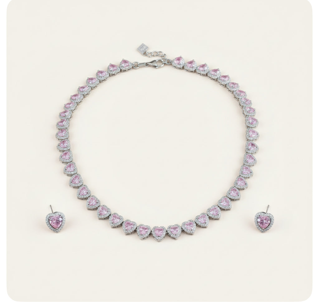 Swyftdesign Pink Iced CZ  Jewellery Set for Women – Silver Plated Ring, Earrings & Heart Necklace