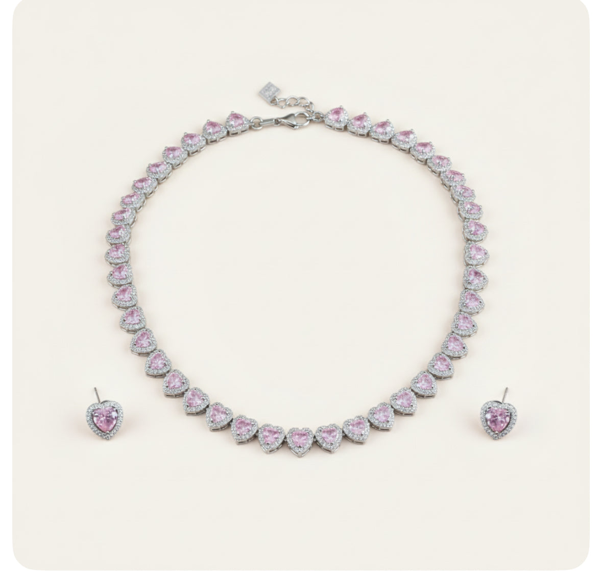 Swyftdesign Pink Iced CZ  Jewellery Set for Women – Silver Plated Ring, Earrings & Heart Necklace