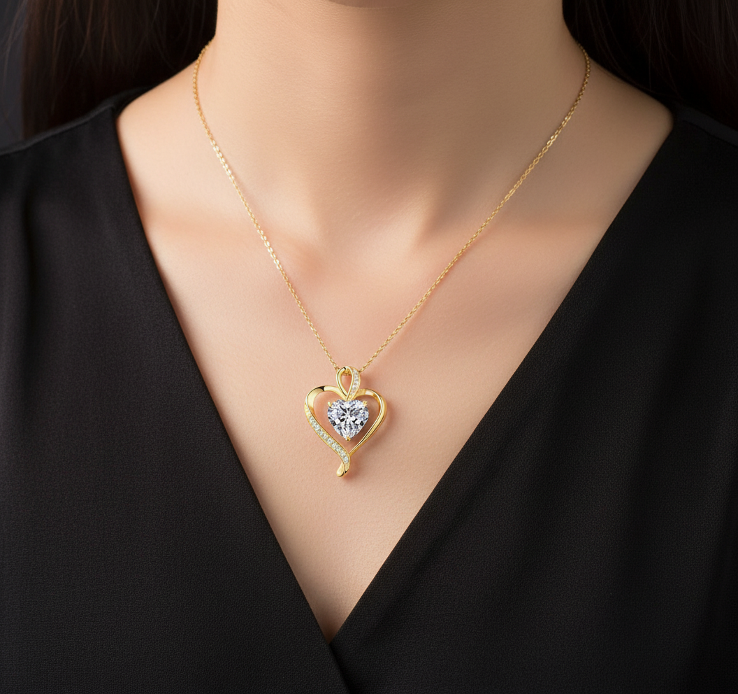 White Zircon Heart Pendant Necklace for Women – Vintage Gold Crystal Jewellery, Elegant Wedding Gift