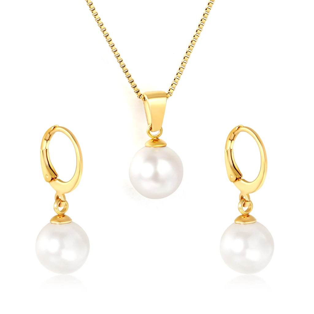 Gold Pearl Jewellery Set – Stainless Steel Pendant Necklace & Earrings
