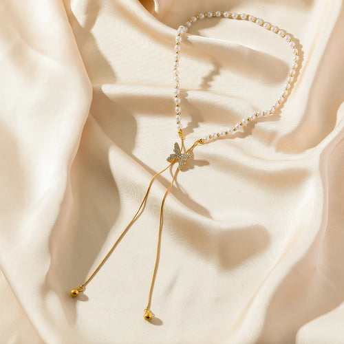 Butterfly Pearl Necklace – Waterproof Stainless Steel Choker