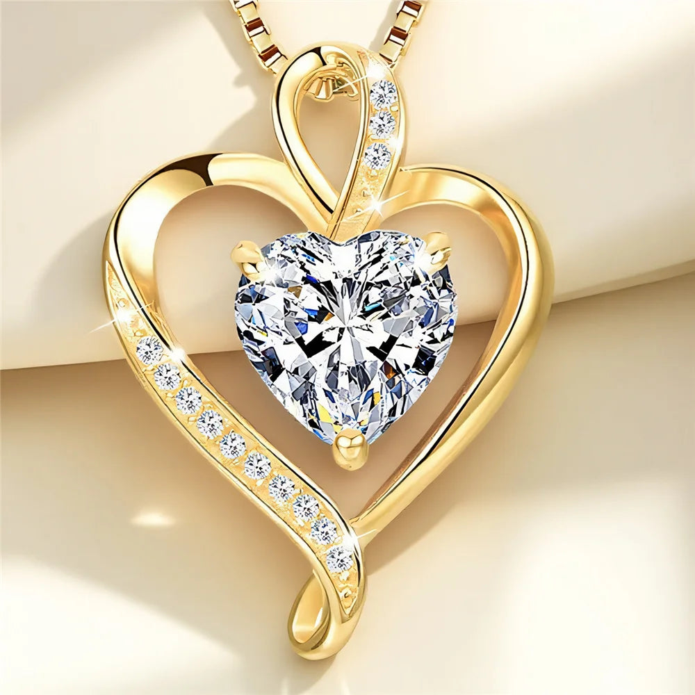 White Zircon Heart Pendant Necklace for Women – Vintage Gold Crystal Jewellery, Elegant Wedding Gift