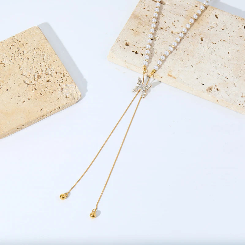 Butterfly Pearl Necklace – Waterproof Stainless Steel Choker