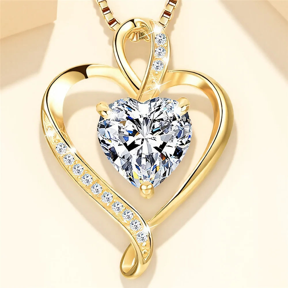 White Zircon Heart Pendant Necklace for Women – Vintage Gold Crystal Jewellery, Elegant Wedding Gift