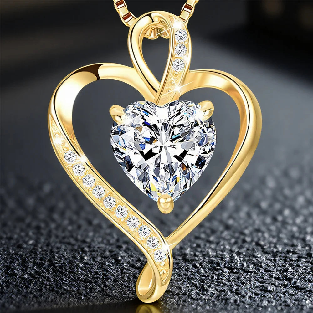 White Zircon Heart Pendant Necklace for Women – Vintage Gold Crystal Jewellery, Elegant Wedding Gift